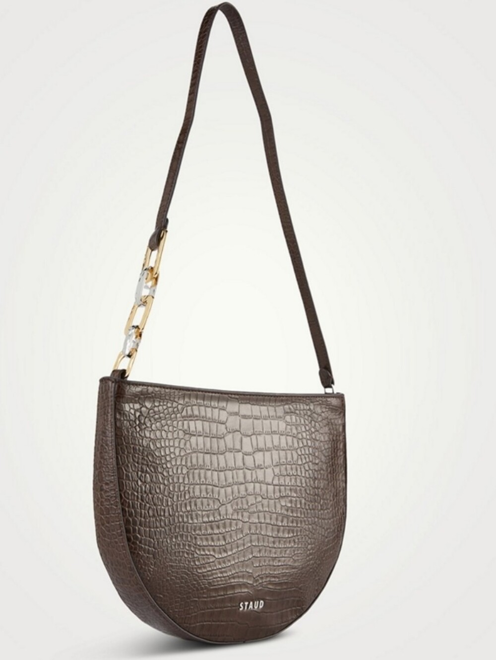 STAUD Dark Brown Croc-Embossed Half Moon Shoulder Bag with Gold Chain Accent